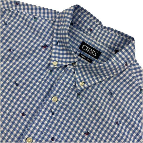 Chaps Shirt Men XXL Blue Gingham Check Short Sleeve Fly Fishing Print Easy Care - Picture 11 of 11